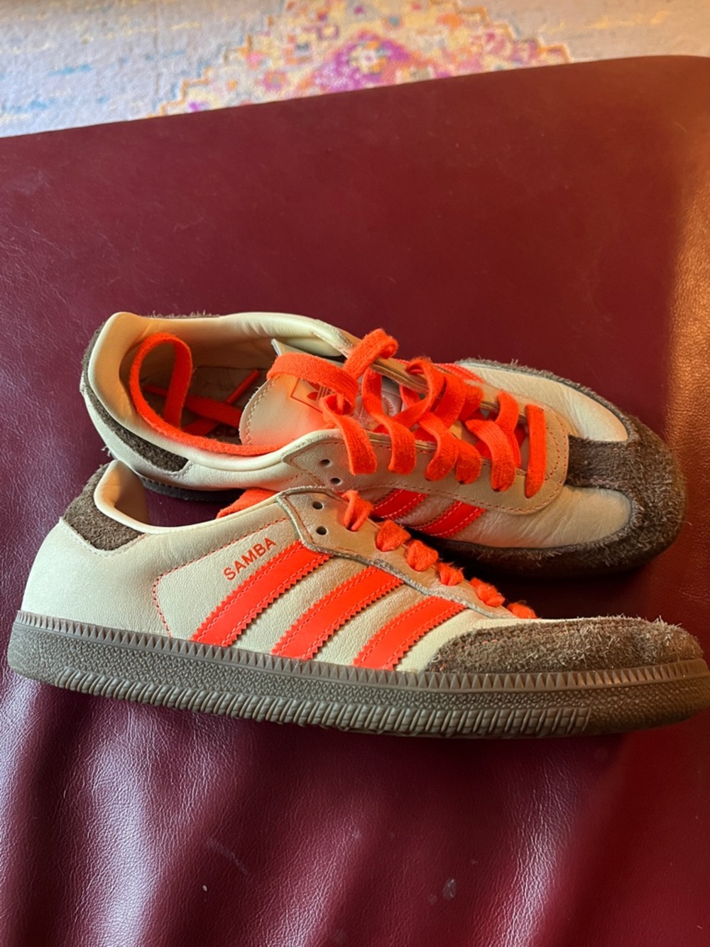 Adidas Samba Sneakers in Cream with Bright Orange Stripes, grey suede, size 6.5